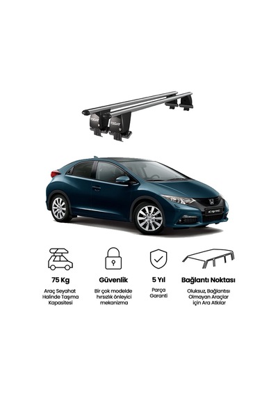 Royal Honda Civic Ix 2011-2015 Uyumlu Gri Kilitli Ara Atkı Port Bagaj Tavan Barı