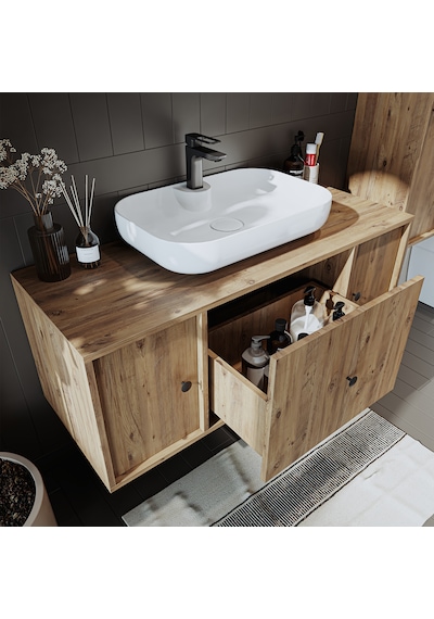 Oval Lavabolu Mat Mdf 120 Cm Çekmeceli Banyo Dolabı + Aynalı Üst Atlantik Çam Oval Lavabolu Mat Mdf 120 Cm Çekmeceli Banyo Dolabı + Aynalı Üst Atlantik Çam