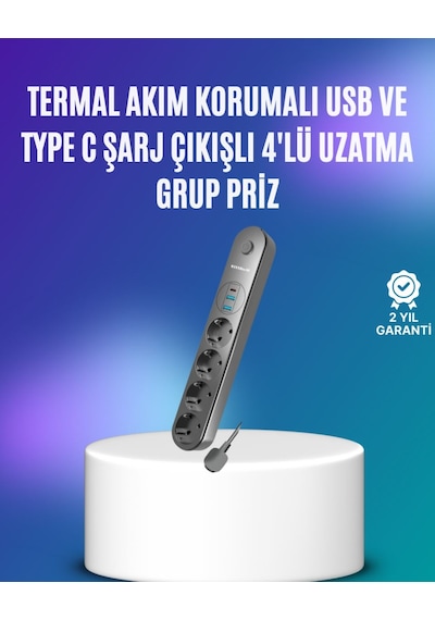 4 Priz 2 Usb 1 Type-c Akım Korumalı Çoklu Priz Led Anahtarlı