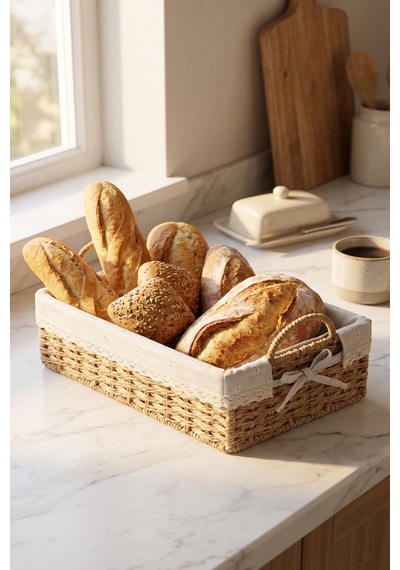 Bambu Ekmek Sepeti, 31x20x10 Cm, Dantelli Çiçek Desenli Kumaş, Metal Çerçeve Kahverengi