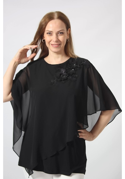 Moda Berray 5040 Pul Payet Aplikli Şifon Kombin Büyük Beden Şık Bluz Siyah