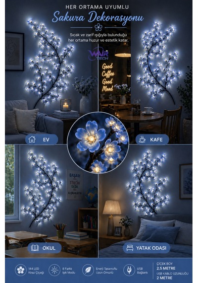 Kiraz Çiçeği Sakura Led Duvar Dekoru 144 Led Ağaç Dalı Işık, 8 Mod, Kumandalı Mavi