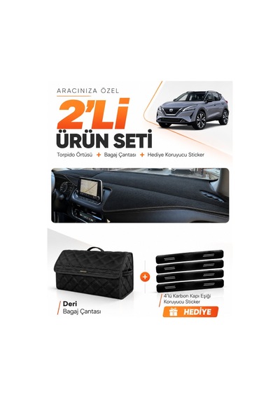 E-biz Nissan Qashqaı 2021-2024 Uyumlu Torpido Örtüsü + Deri Bagaj Çantası Seti - Siyah - Nı021