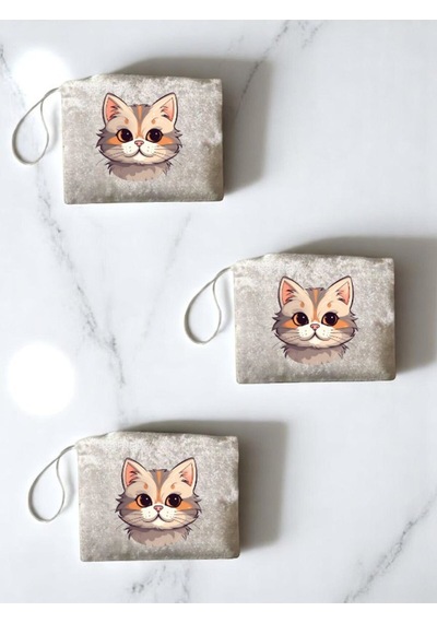 Lili Hediyelik Kedi Baskılı 3'lü El Çantası Para Çantası Ekru