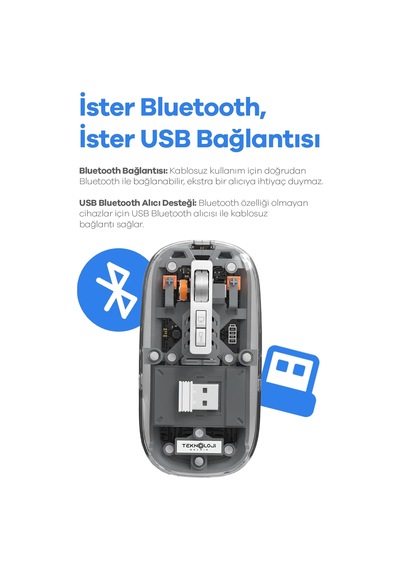 Bay Bluetooth Usb Çift Modlu Sessiz Mouse, Şeffaf Mıknatıslı Kapaklı, Type-c Şarjlı, Dpı Ayarlı, Kablosuz 10m