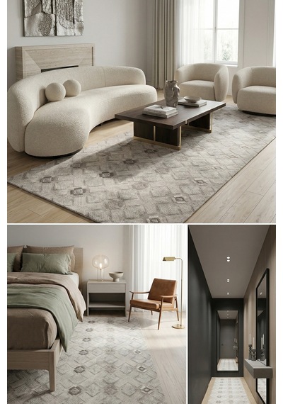 Villadia Home Textile Kaymaz Taban Modern Desen Halı Yolluk Leke Tutmaz Kolay Temizlenir Koridor Salon Yatak Mutfak Odası Vd4047gri Gri