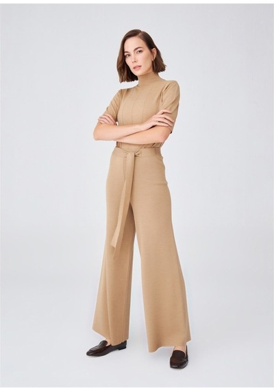 Peraluna Boru Paça Yüksek Bel Kadın Triko Pantolon Camel Melanj