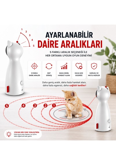 Hpytech Otomatik Lazer Kedi Oyuncağı Hpytech Lazer Işıklı Kedi Oyuncağı 5 Hareket Seviyesi Usb & 4 Aa Pil Destekli Manuel Modlu İnteraktif Kedi Oyuncağı