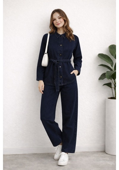 Hiramir Kadın Modern Kesim Kuşaklı Denim Takım Yz2601 Lacivert