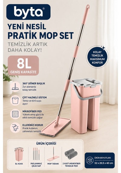 Yeni Nesil Pratik Mop Seti 8 L Çift Hazneli Temizlik Kovası Ve Mikrofiber Flat Mop