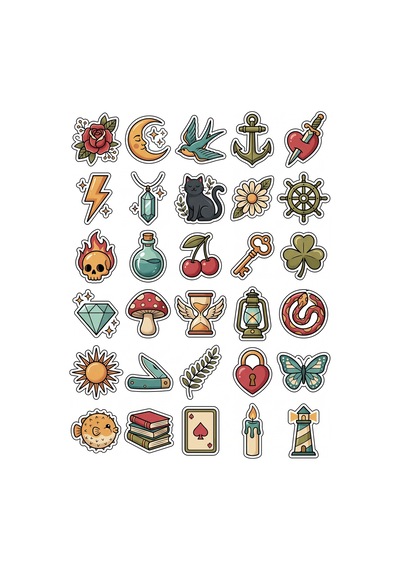 30 Adet Retro Klasik Dövme Stili Sticker Seti - Laptop Defter Telefon Kılıfı Ajanda Çok Renkli