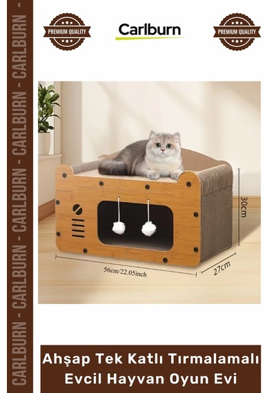 Oyunevi Modern Kedi Köpek Yuvası Peluşlu Ahşap Tek Katlı Tırmalamalı Evcil Hayvan Oyun Evi