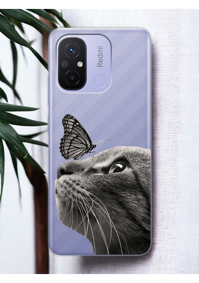 Xiaomi Redmi 12c Kelebek Kedi Tasarımlı Şeffaf Telefon Kılıfı Çok Renkli