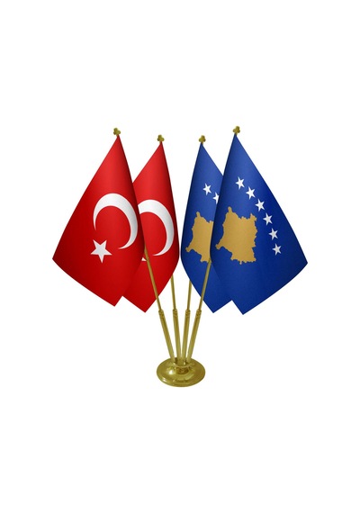 Masa Üstü Kosova Bayrağı Türk Bayrağı Dörtlü Pirinç Direk Masa Ba