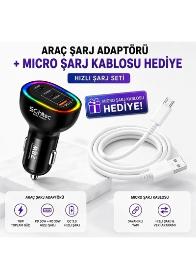 Tr 3 Portlu Araç Şarj Aleti Ve 67w Usba To Micro Data Ve Hızlı Şarj Kablosu 1m Beyaz Hediye