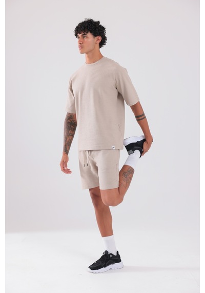 Rowinger Waffle Dokulu Oversize T-shirt Ve Şort Erkek Takım Beıge