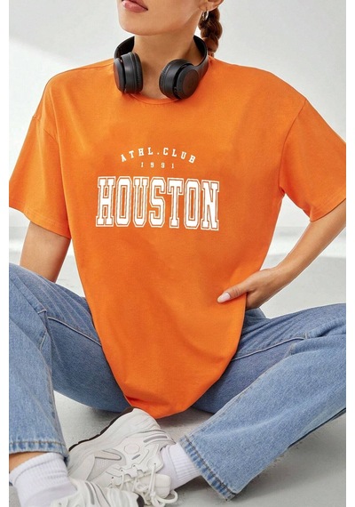Flood Of Style Unisex Houston Baskılı T-shirt Turuncu