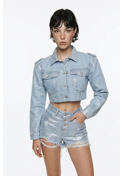 Holly Lolly Özel Yapım Parlak Kaplamalı Glossy Jean Şort Mavi