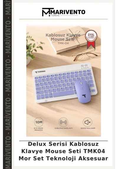 Delux Serisi Kablosuz Klavye Mouse Seti Tmk04 Mor Set Teknoloji Aksesuar