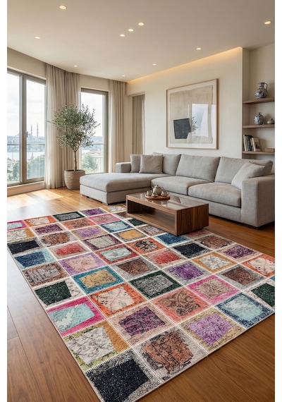Patara Makinede Yıkanabilir Kaymaz Taban Leke Tutmaz Dijital Salon Halısı Mutfak Halısı Ve Yolluk Renkli