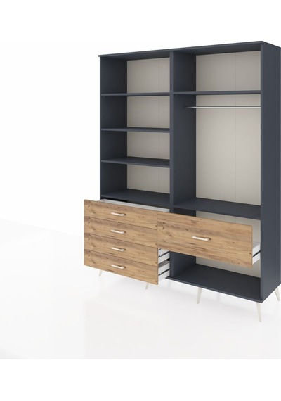 Hyperion Gardrop 6 Raflı 5 Çekmeceli Tek Askılı 176x44x221 Antrasit-antrasit/çam Antrasit/çam