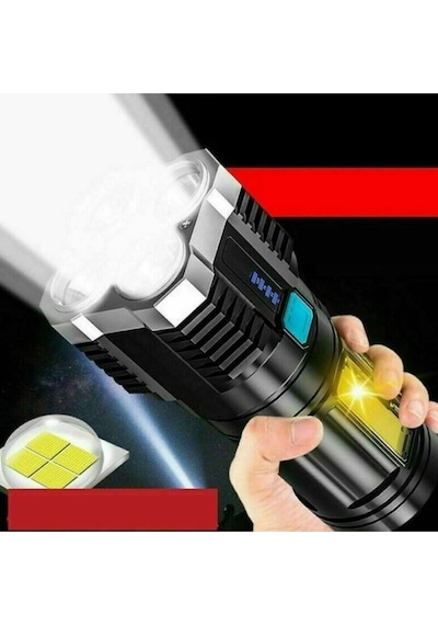 Ultra Parlak El Feneri Usb Şarj 4 Led+yan Cob Led Taktik Günlük Hayat Kamp Avcılık El Feneri Çok Renkli