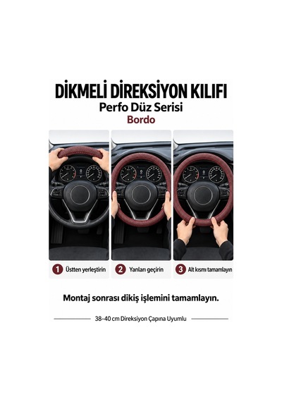 Trobus Volkswagen Taigo 2021-2025 Uyumlu Dikmeli Direksiyon Kılıfı Perfo Düz Delikli Deri Bordo
