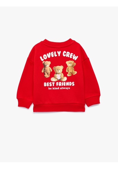 Koton Ayıcık Baskılı Arkası Baskılı Uzun Kollu Bisiklet Yaka Şardonlu Sweatshirt Kırmızı 7wmg10158ak
