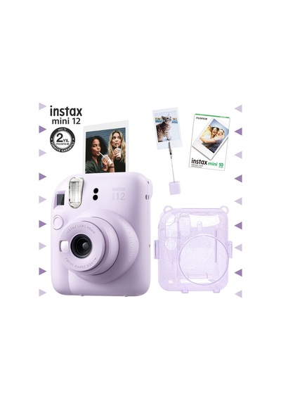 Fujifilm Instax Mini 12 Fotoğraf Makinesi + 10'lu Film + Kıskaçlı Resim Standı + Simli Pleksi Kılıf Seti Lila