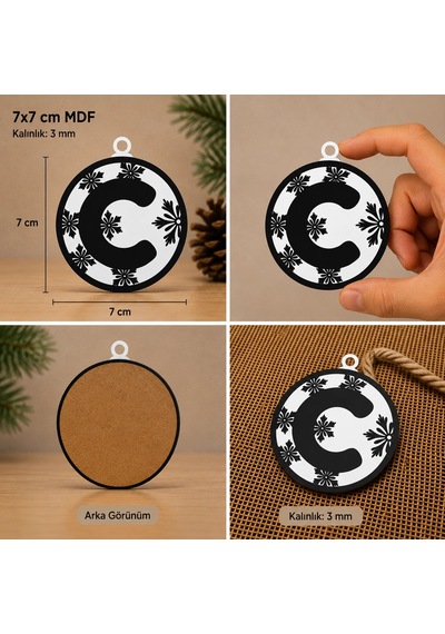 C Harf Yılbaşı Süsü Mdf Çam Ağacı Desenli Asılabilir Dekor 7x7 Cm