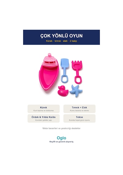 Plaj Kum Seti Tekne Formlu Kürek Tırmık Kalıplı Kova Deniz Kum Oyuncakları 3+ Yaş - Pembe