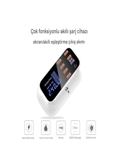 Doolike 8 Port Usb Hızlı Şarj İstasyonu Qc 3.0 + Type-c Amper Led Göstergeli Akım Koruma 1.5m Kablo Beyaz