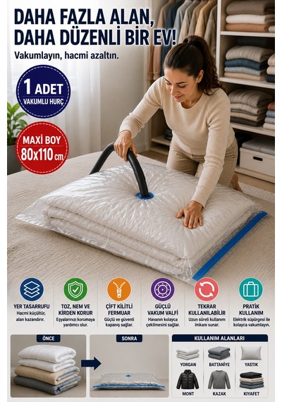 Maxi Boy Vakumlu Hurç 80x110 Cm 1 Adet Çift Kilitli Vakum Poşeti Yorgan Battaniye Saklama Çuvalı Şeffaf