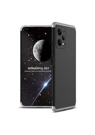 Noktaks - Redmi Note 12 5g Uyumlu Kılıf Parmak İzi Tutmayan Alt Üst Geçmeli 3 Parça Ays Kapak - Siyah-gri - T26498