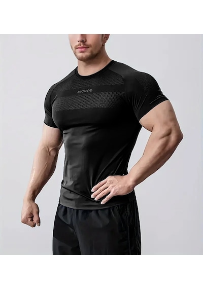 Ghassy Co. Erkek Nem Emici Hızlı Kuruyan Renk Solmayan Atletik Teknik Fitness Spor T-shirt siyah
