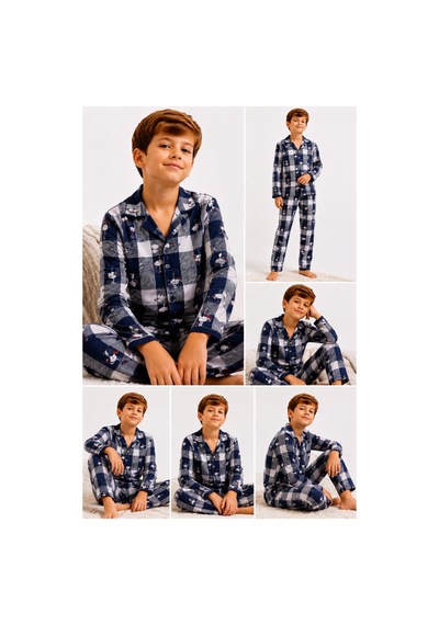 Free Beka Erkek Çocuk Önden Düğmeli Kareli Ve Karakter Desenli Uzun Kollu Pijama Takımı Turkuaz