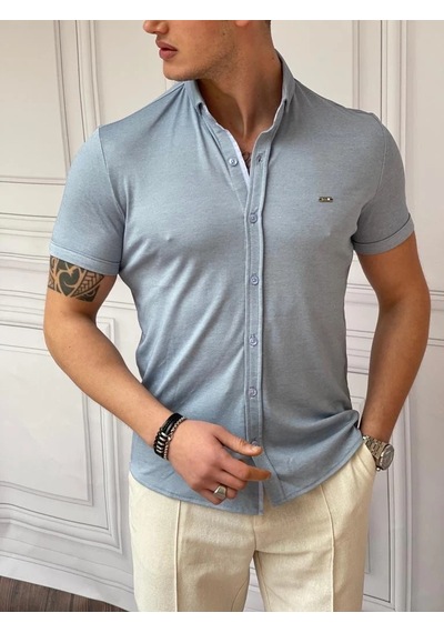 Modefendi Slimfit Merserize Pamuk Kısa Kollu Gömlek Mavi
