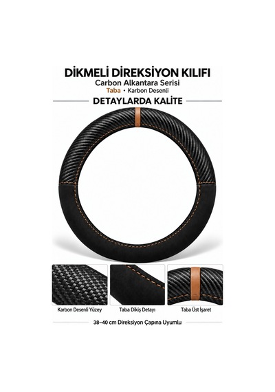Trobus Audi Q3 2019-2025 Uyumlu Dikmeli Direksiyon Kılıfı Carbon Alkantara Karbon Desenli Taba