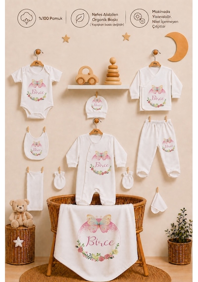 Pia Baby Kız Bebek Hastane Çıkışı 10 Parça %100 Pamuk Kişiye Özel İsimli Organik Baskılı Set 103410yx Ekru