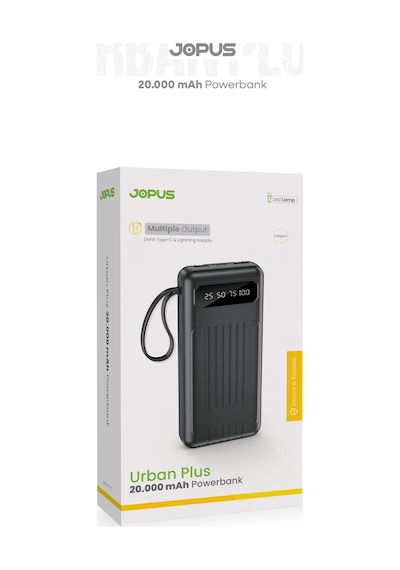 Jopus 20000mah Powerbank Dahili Kablolu, Lcd Ekranlı, Led Lambalı, Taşınabilir Şarj Cihazı Siyah