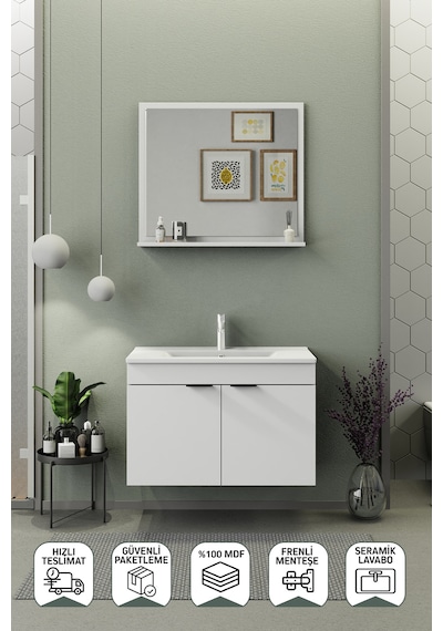 Biani Fix Arya 85 Cm Banyo Dolabı,Seramik Lavabolu, Aynalı,Lavabo Dahil,Mdf,Mat Beyaz