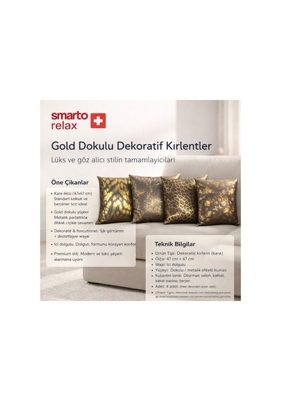 Smarto Relax Dolgulu Kırlent 4'lü Antibakteriyel Desenli Dekoratif 45x45 Cm Siyah - Altın