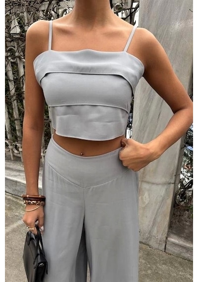 Defymoda Crop Plazzo Pantolon Takım 10155-08 Gri
