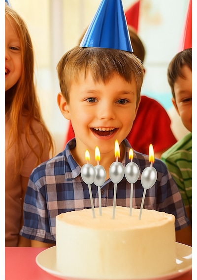 Mum Balon Şekilli Gümüş Metalik Renkli 4 Lü Çubuk Dahil 14,5cm Doğum Günü Mumları 9+