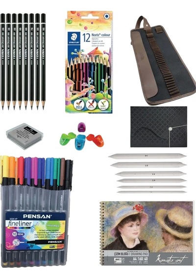 Çizim Seti Karakalem Keçeli Kalem Eskiz Defter Pastel Dağıtıcı Boya Kalemi Hamur Silgi Rulo Kalemlik