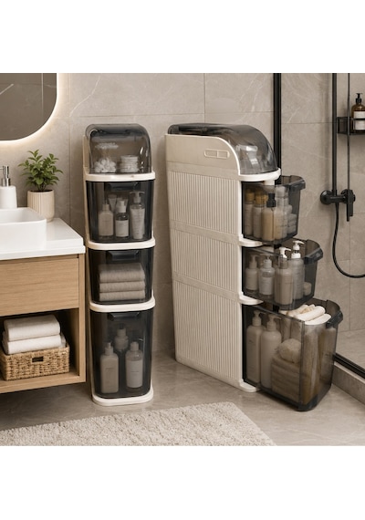 Xl Portatif Dolap Çok Amaçlı Tekerlekli Banyo Dolabı Şeffaf Kapaklı Düzenleyici Organizer Krem