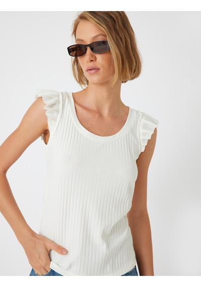 Koton Fırfırlı Karpuz Kol Tişört Yuvarlak Yaka Ribanalı Slim Fit Beyaz 5wak10179ek Beyaz