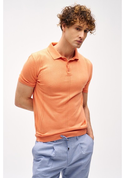Mercan Slim Fit Dar Kalıp Polo Yaka Düz Kısa Kollu Triko Tişört-16325 Turuncu
