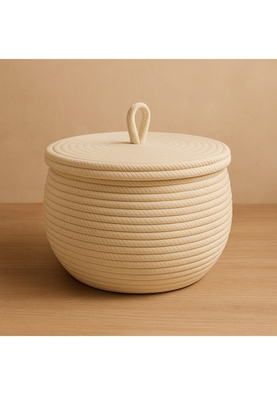 Mavaux Mutfak, Banyo Ve Ev İçin Halat Hasır Sepet 17x21 Cm Kapaklı Saklama Sepeti Honeypot Krem