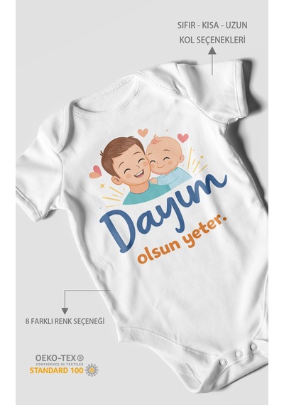 Morivokids Dayım Olsun Yeter Kısa Kollu Bebek Body %100 Pamuk Beyaz